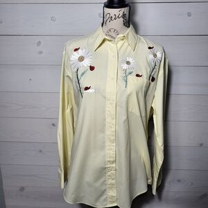 Vintage Butter Yellow Gingham Shirt Embroidered Daisy Ladybug Cotton Cottagecore